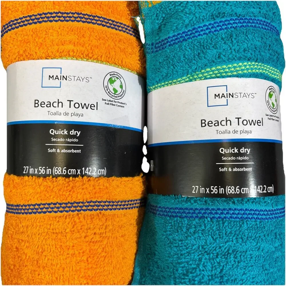 2 PACK Printed Beach Towels 84% Cotton Soft Papaya Juice Teal Sachet Hang Loop